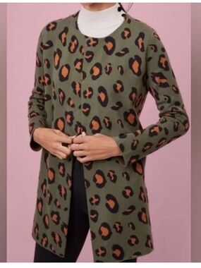 Ann Taylor Factory Olive Green Leopard-Print Long Line Open Face Cardigan Size M